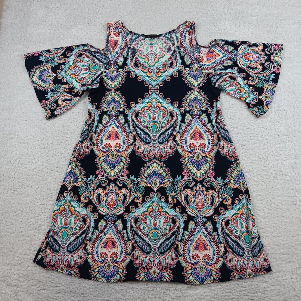 Tiana B Cold Shoulder Dress Women 16 Navy Multi Paisley Boho 72012